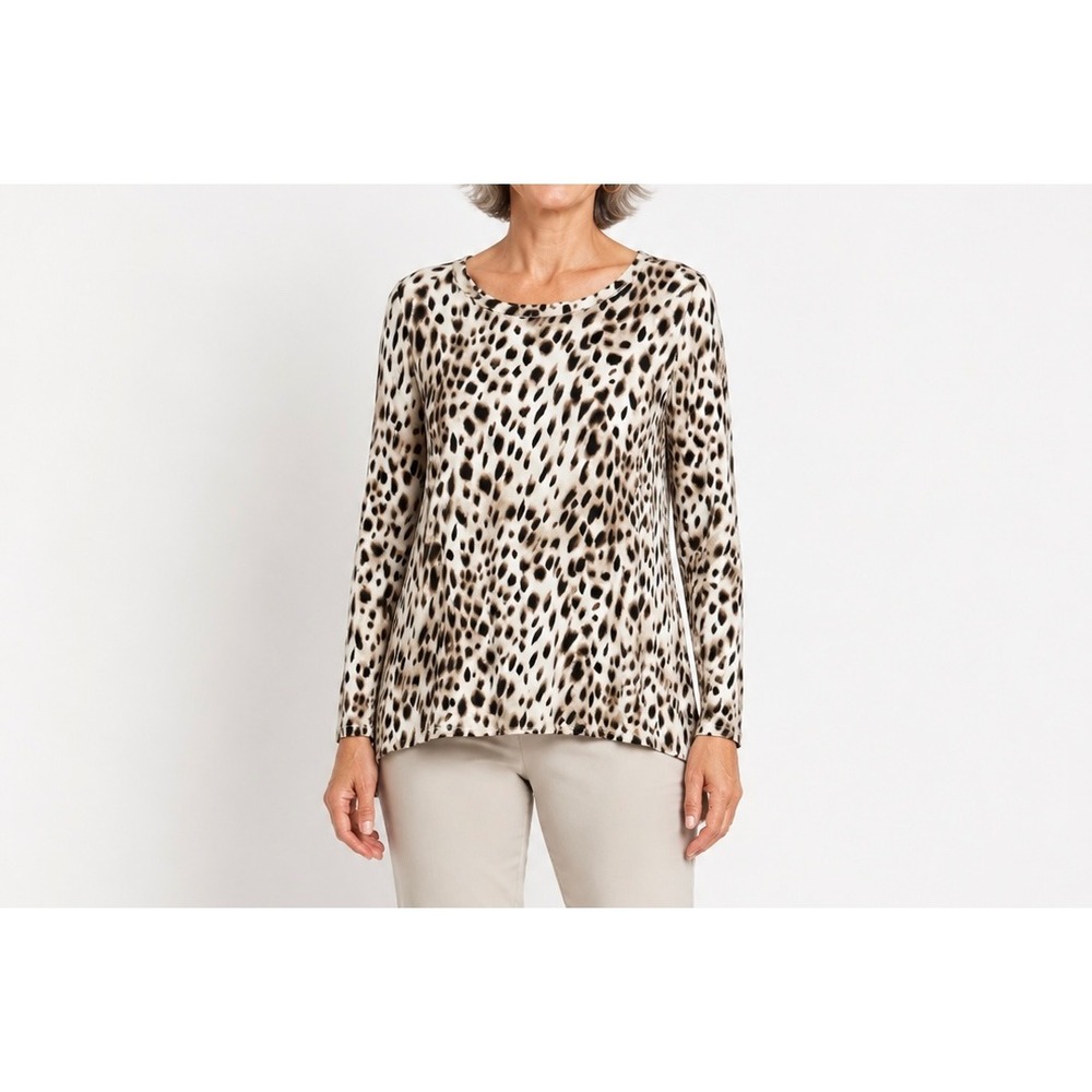 Chicos The Ultimate Tee Leopard Print Long Sleeve Scoop Neck Top Brown Size 3 XL